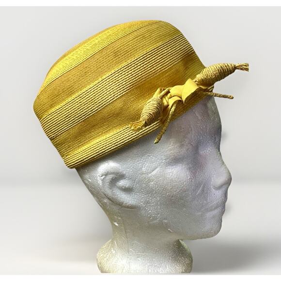 VTG 1950s Golden Straw Pillbox Hat with Ribbon Trim Fishmans Dept Store w/ Box - Picture 3 of 13